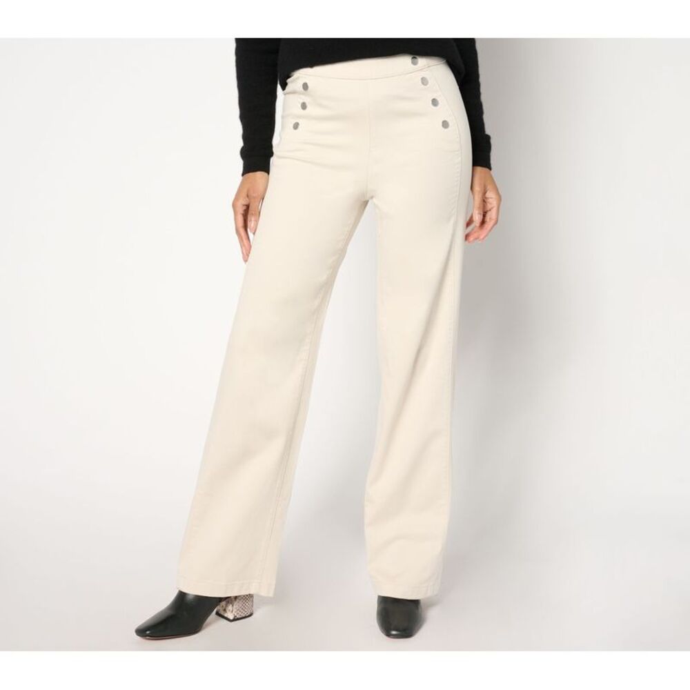 Susan Graver Women's Pants Sz 16 Trouser Twill Pant Button Detail White A656896